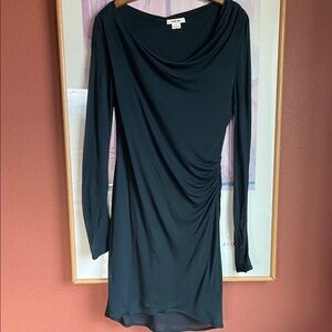 Helmut Lang Ruched Lightweight Stretch Midi Dress in a very deep green/blue, M